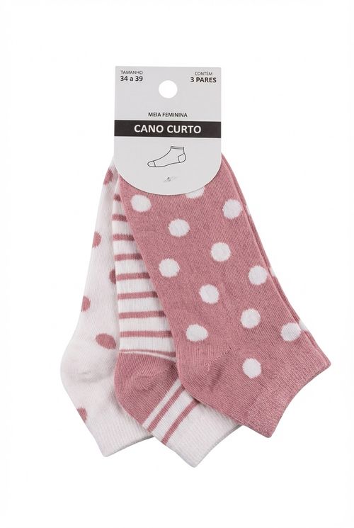 Kit 3 Pares Meias Femininas Rosa e Branco Poá e Listras