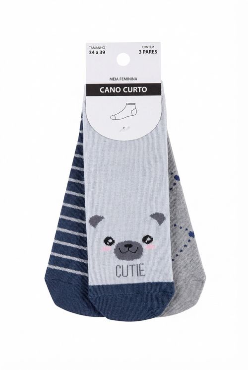 Kit 3 Meias Cano Curto Feminina Azul Tam 34-39 Urso, Listras e Poás