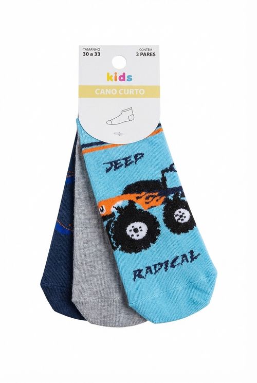 Kit 3 Pares Meias Cano Curto Infantil menino Azul (30-33) JEEP Radical
