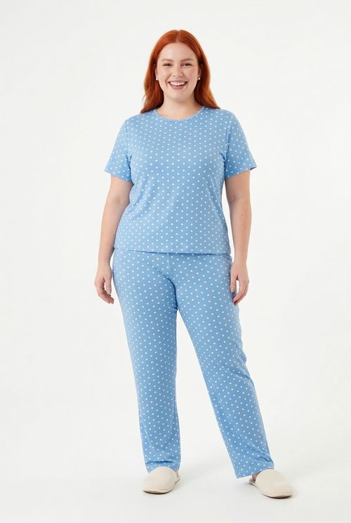 Conjunto Pijama Feminino Azul Céu Poá