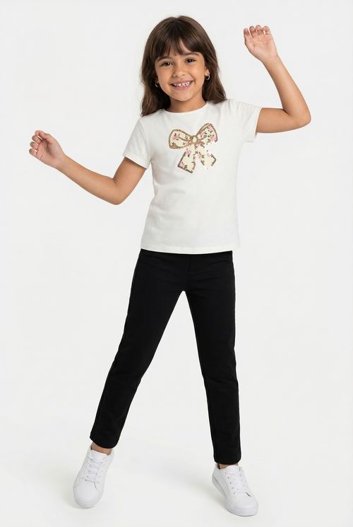 Blusa Infantil Menina Off White Laço Floral Paetês