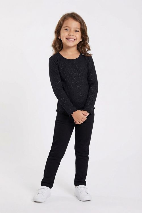 Blusa Manga Longa Canelada Infantil Menina Preta Glitter