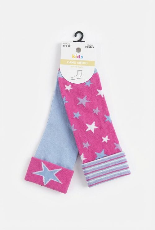 Meias Kit 2 Pares Infantil Rosa e Azul Tam. 30-33 Estrelas