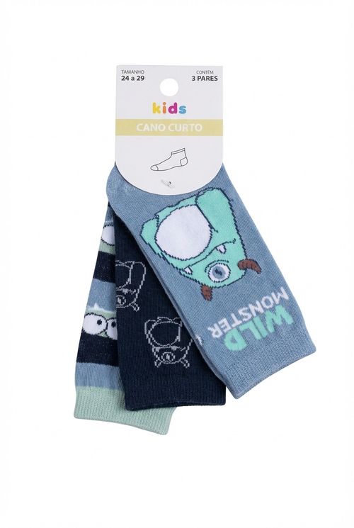 Meias Infantis Cano Curto Kit 3 Estampa Wild Monsters Tam 24-29