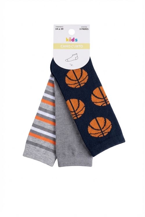 Kit 3 Pares Meias Cano Curto Infantil Tam. 34-39 Basquete e Listras