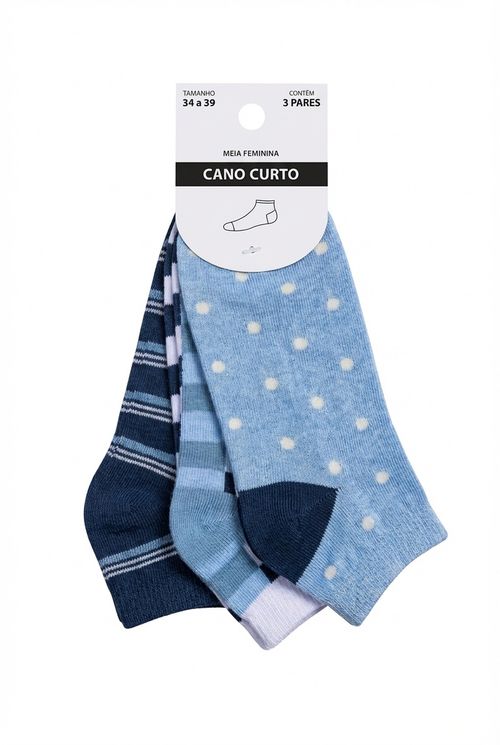 Kit 3 Pares de Meias Cano Curto Femininas Tons de Azul Estampadas