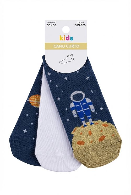 Meias Cano Curto Kit 3 Pares Infantil Menino Astronauta e Planetas
