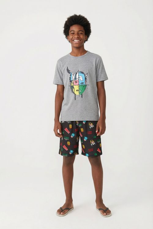 Pijama Curto Juvenil Menino Cinza e Preto Marvel Vingadores