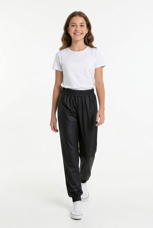 Calça Jogger Juvenil Preta Efeito Couro PU