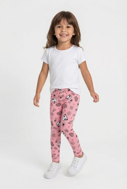 Legging Infantil Menina Rosa Claro Pandas e Corações