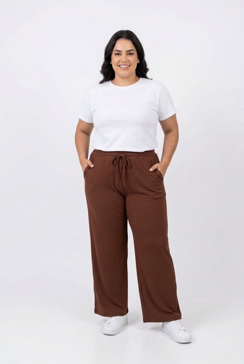 Calça Feminina Pantalona Ribana Marrom Médio