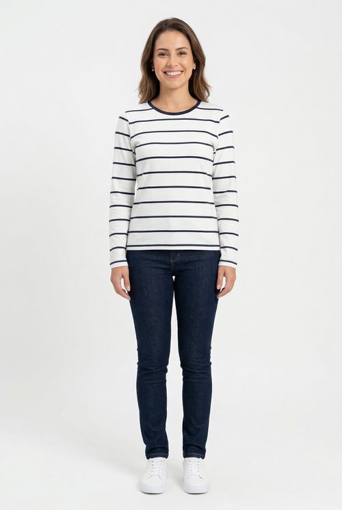 Blusa Feminina Azul Marinho e Branca Listrada