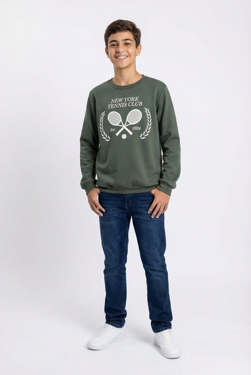 Moletom Juvenil Menino Verde Militar Estampa NY Tennis Club
