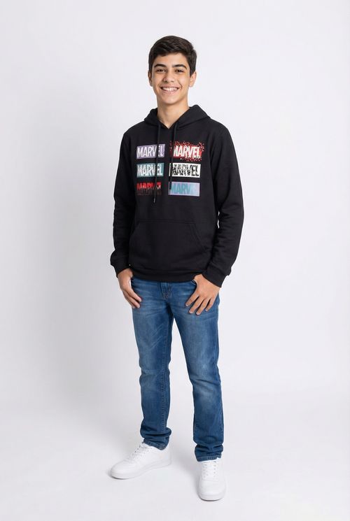 Moletom Juvenil Preto Estampa Múltiplos Logos Marvel
