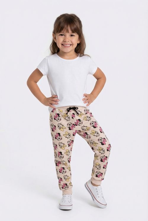 Calça Jogger Infantil Menina Bege Claro Minnie Rotativa