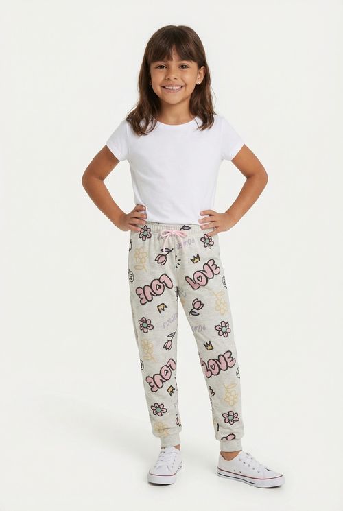 Calça Jogger Infantil Menina Cinza Mescla Estampa Love & Flores