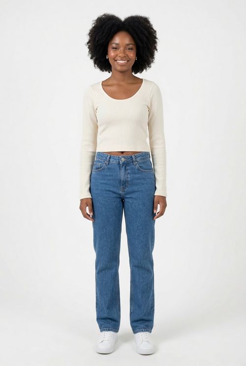Top Cropped Canelado Manga Longa Feminino Bege Claro