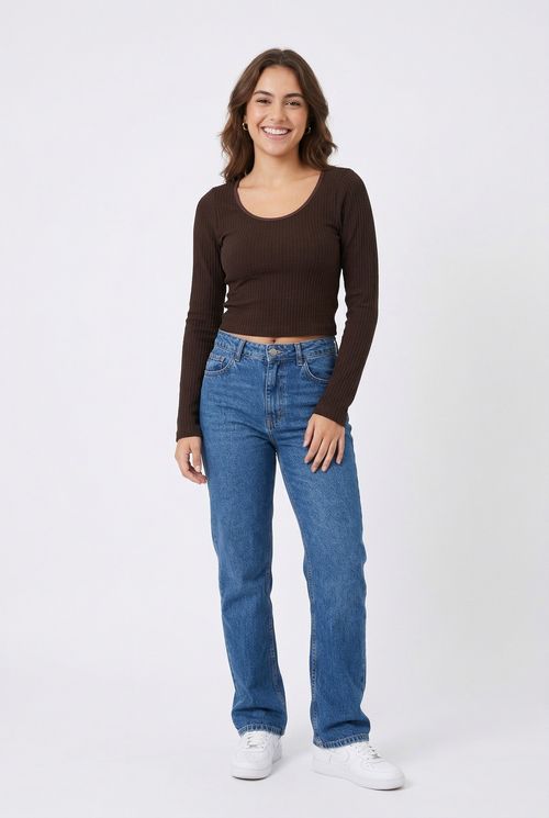 Top Manga Longa Cropped Feminino Marrom Escuro