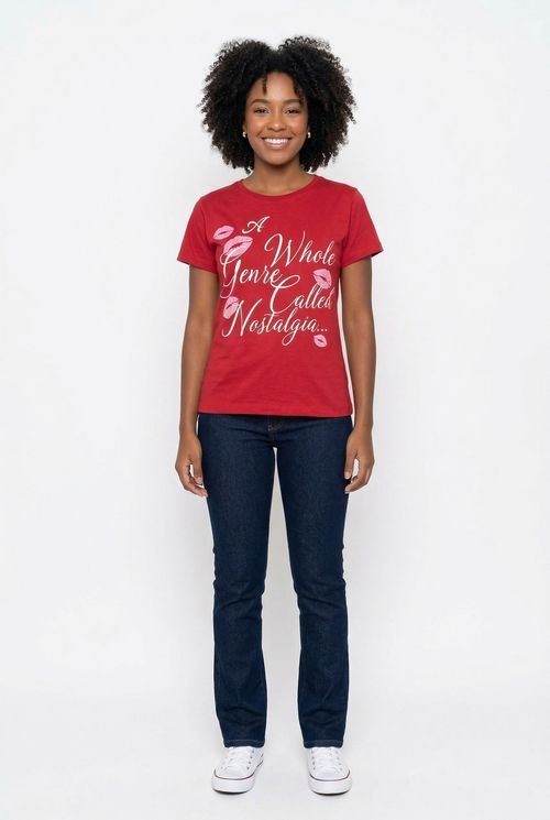 T-shirt Feminina Vermelha Estampa Lábios Pink