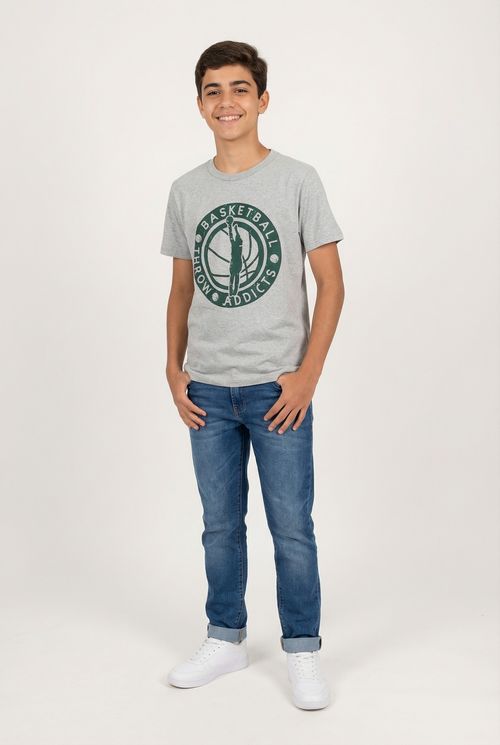 Camiseta Infantil Menino Cinza Mescla Juvenil Estampa Basquete