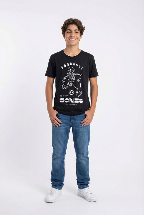 Camiseta Infantil Menino Preta Esqueleto Futebol