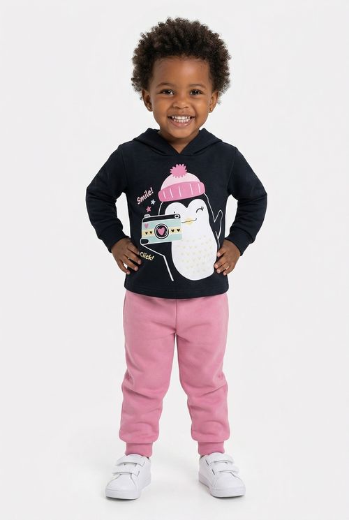 Conjunto Infantil Menina Azul Marinho e Rosa Pinguim Fotógrafo