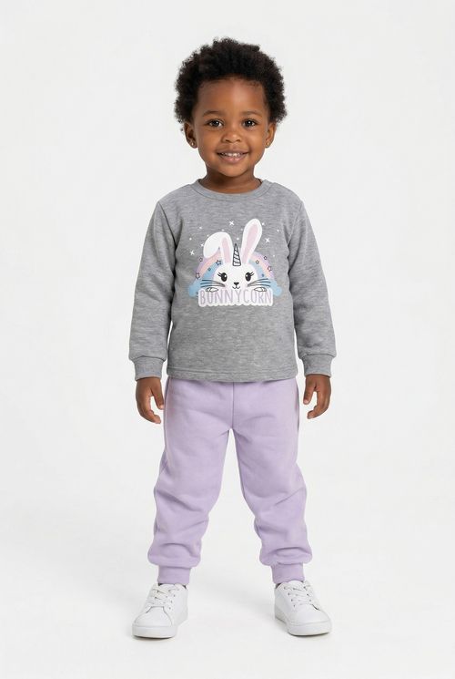 Conjunto Moletom Infantil Menina Cinza Mescla Lilás Bunnycorn