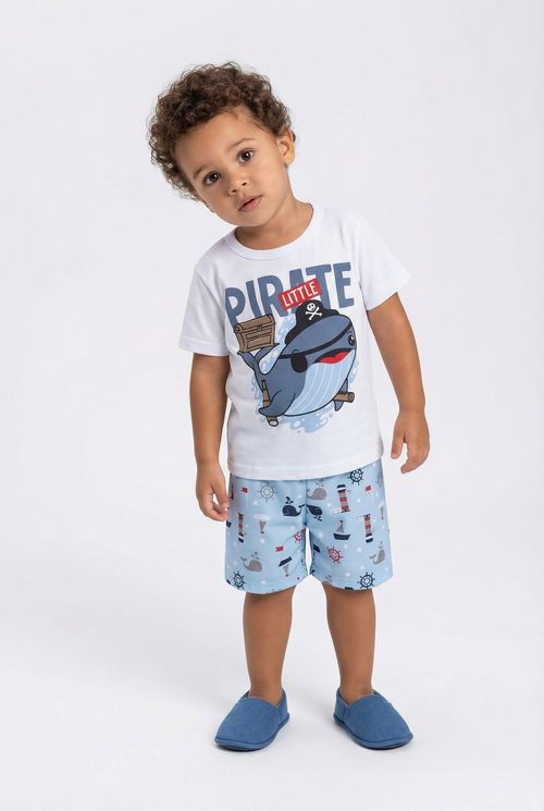 Conjunto Infantil Menino Branco Marinho Baleia Pirata Náutica