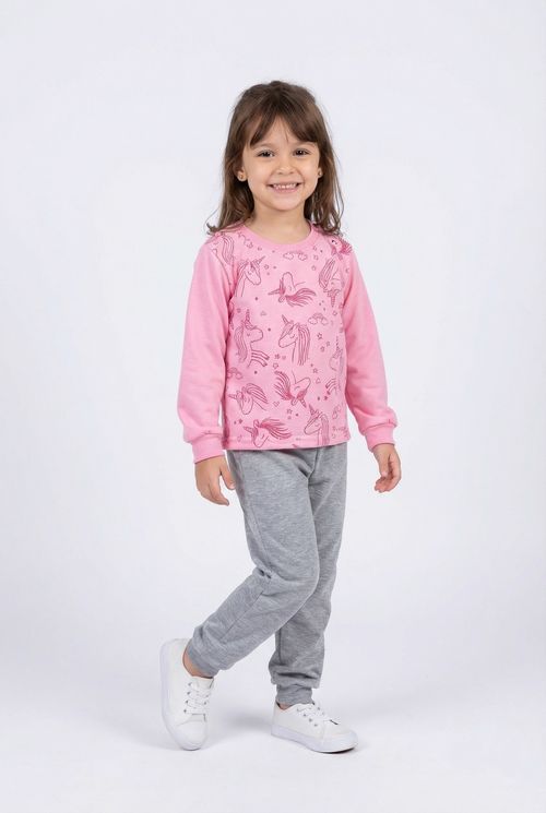 Conjunto Infantil Menina Rosa Claro Cinza Unicórnios