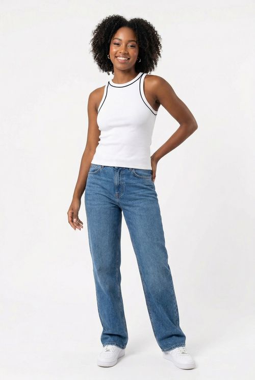 Regata Feminina Off-White Contraste Preto