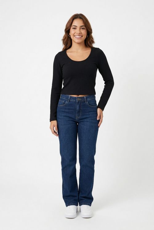 Top Cropped Feminino Preto Canelado Manga Longa Gola U