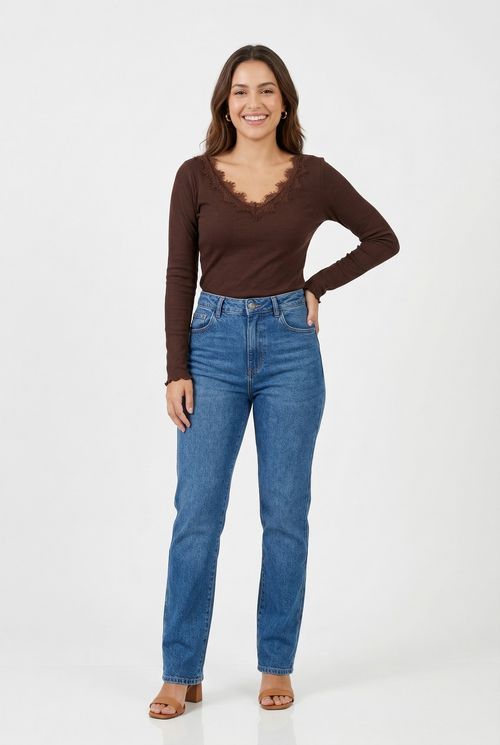 Blusa Feminina Marrom Escuro Canelada Decote V Renda