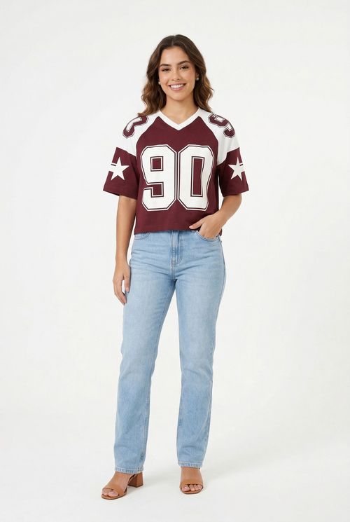 Blusa Cropped Feminina Bordô Estampa 90 Estrelas