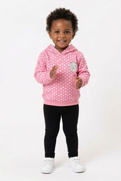 Moletom Infantil Menina Rosa Poás Brancos Gatinho Capuz