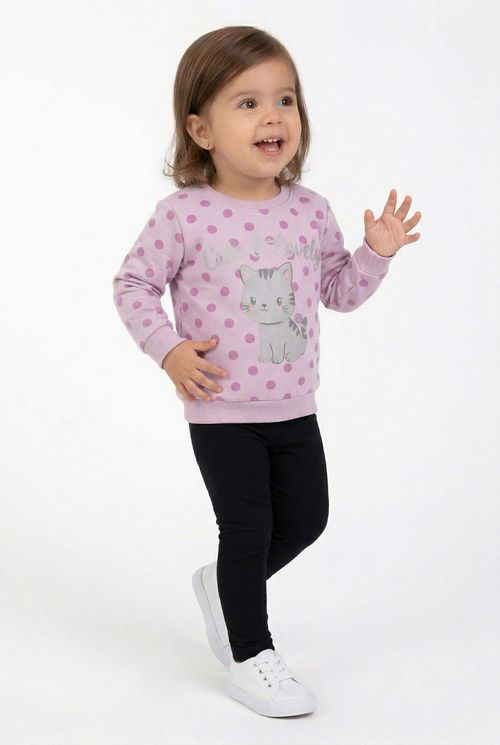 Blusa Infantil Menina Rosa Claro Gatinho e Bolinhas