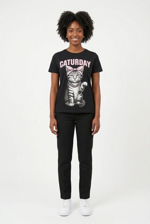 Blusa Feminina Preta com Rosa Estampa Gato Caturday