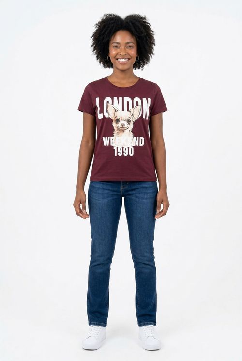 Blusa fem promo ffl267 m/c estamp vinho vermelho escuro