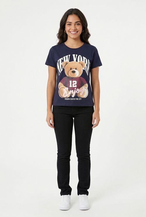 Blusa Feminina Azul Marinho Estampa Urso Teddy New York