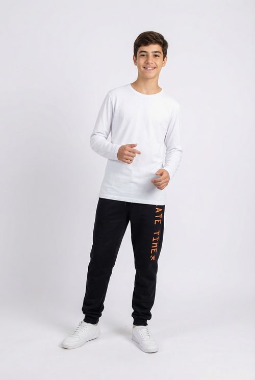 Calça Moletom Juvenil Preta Estampa 'ATE TIME' Laranja
