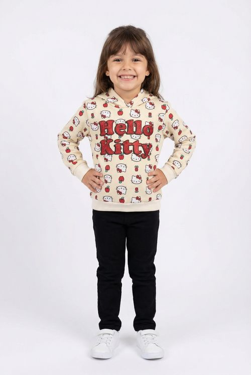 Blusão Infantil Hello Kitty com Capuz, Estampa Fofa de Gatinhos e Maçãs - Bege Claro