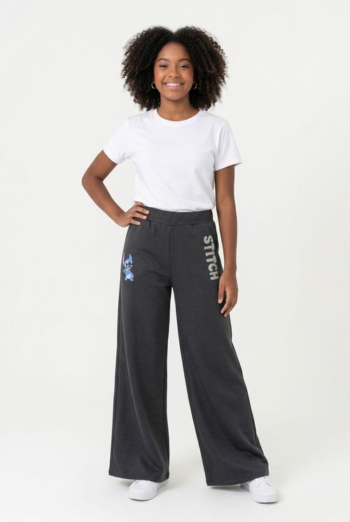Calça Moletom Infantil Menina Cinza Juvenil Stitch Brilhante
