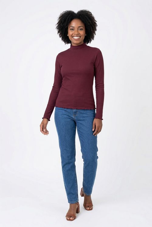 Blusa Fem. Vinho Gola Alta Canelada Manga Longa Ondulada
