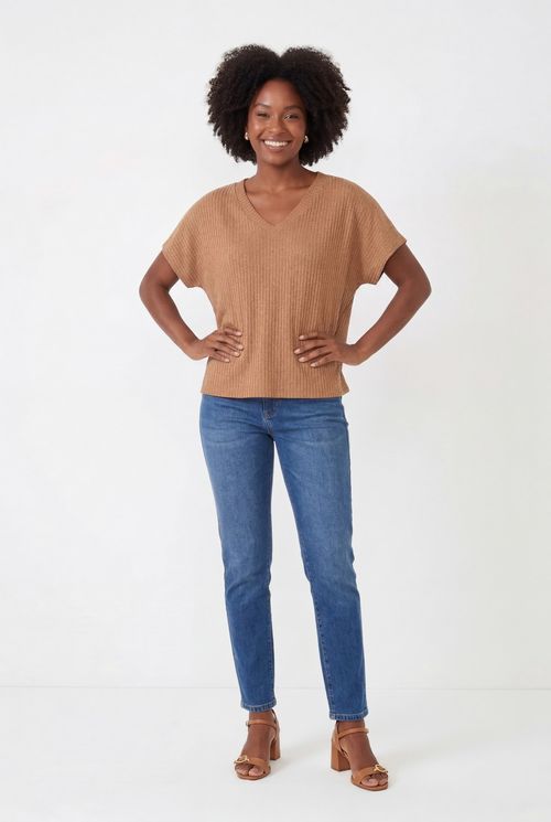 Blusa Feminina Marrom Claro Canelada Decote V Lurex