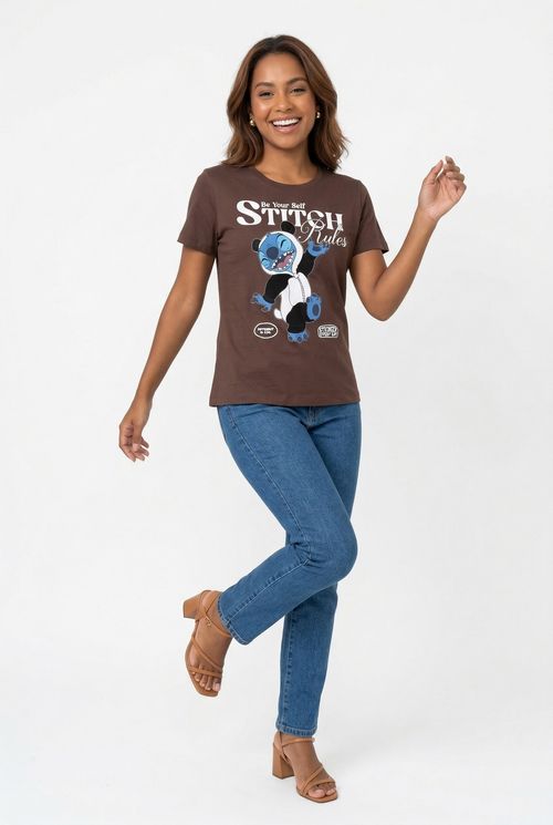 Blusa Feminina Marrom Escuro Stitch Panda Rules Disney