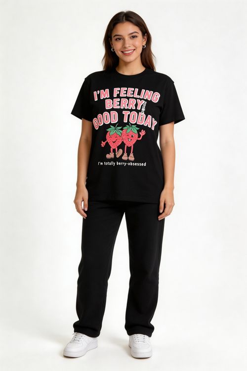 Blusa Feminina Preta Estampa Morangos 'Berry Good Today'