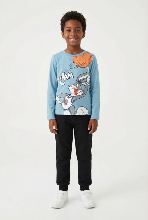 Camiseta Infantil Menino Azul Claro Pernalonga Basquete