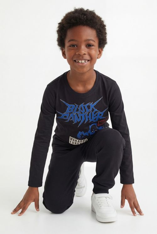 Camiseta Manga Longa Infantil Menino Preta Pantera Negra Marvel