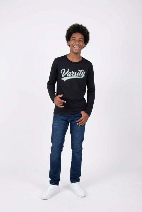 Camiseta Manga Longa Masculina Preta Juvenil Estampa Varsity