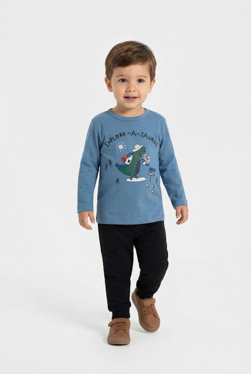 Camiseta Manga Longa Infantil Menino Azul Médio Dinossauro
