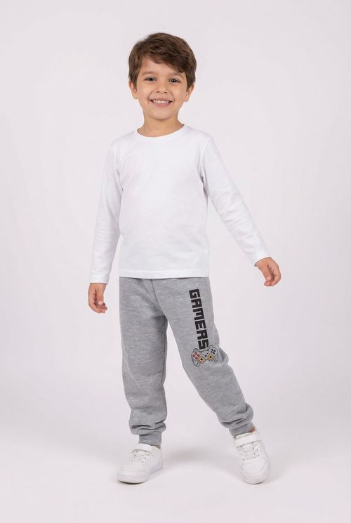 Calça de Moletom Infantil Menino Cinza Claro Mescla Estampa Gamers